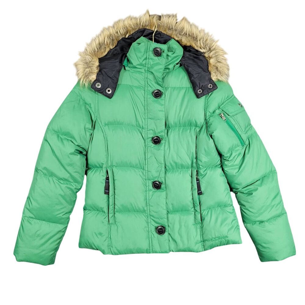 LL BEAN 0JNX5 Green Goose Down Puffer Jacket Detachable Faux Fur Hood SIZE XS